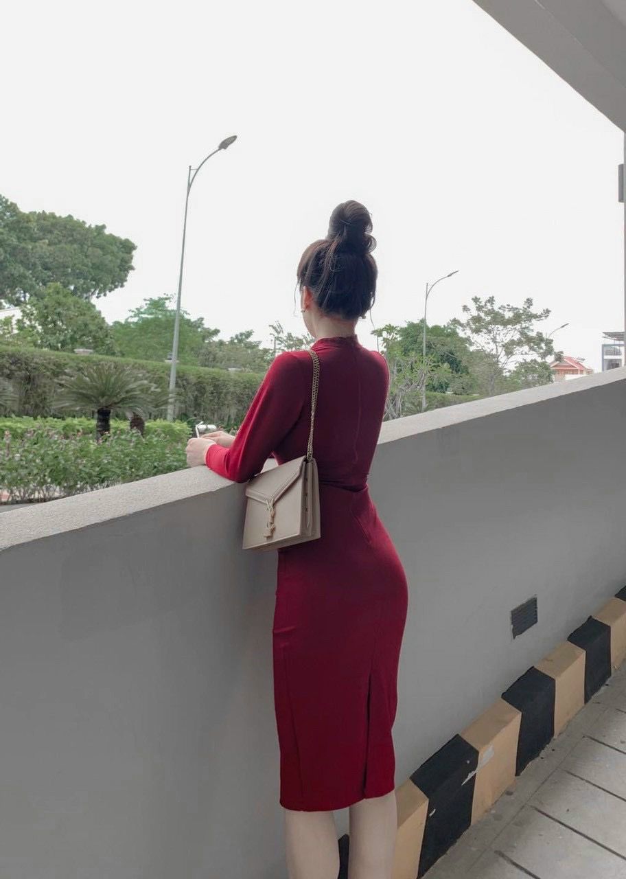Đầm body đỏ tay dài-QH #damnu
