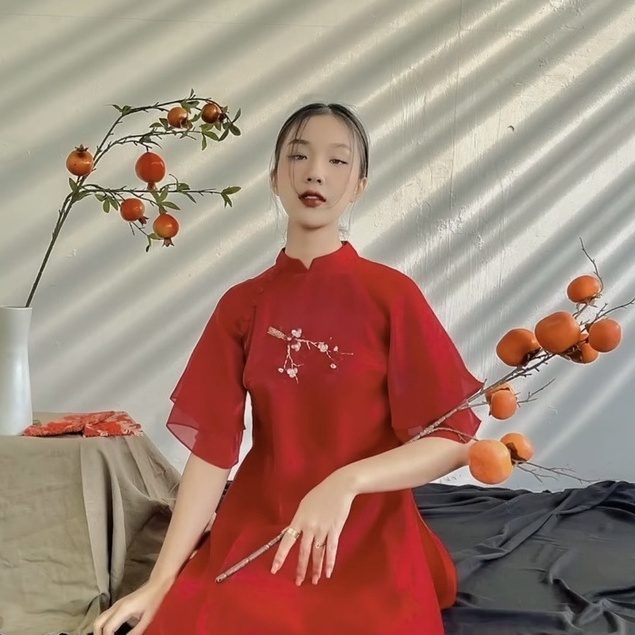 Áo Dài Tết Voon Tơ 4 tà May Sẵn ( linn xanh + Đỏ )