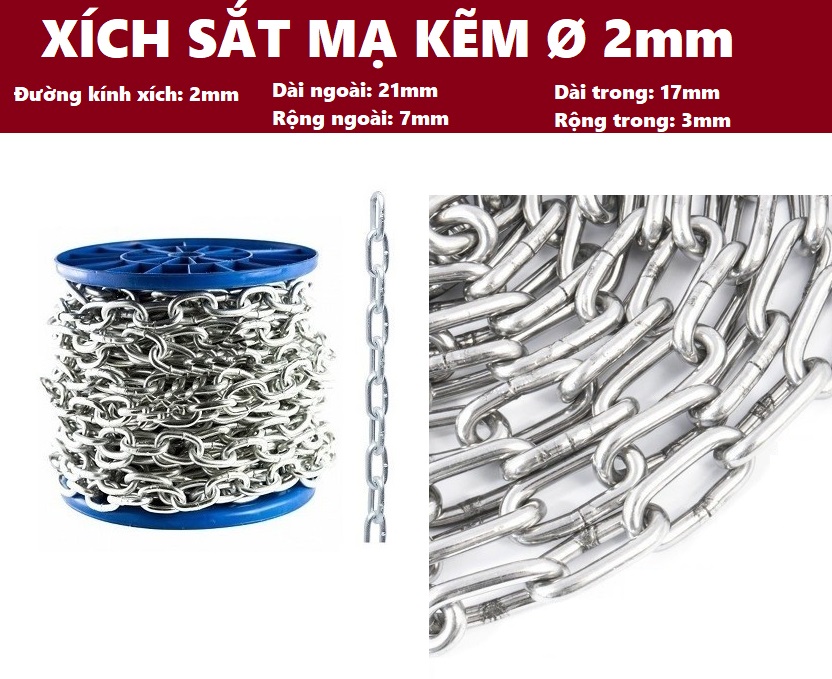 Dây xích sắt mạ kẽm Phi 2mm - Mắt xích 21x7mm (Giá/1 mét dây)