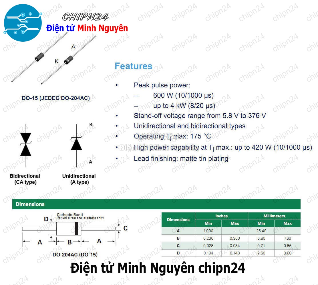 [10 con] (K523) Diode TVS 1 chiều P6KE A (P6KE6.8A P6KE10A P6KE12A P6KE13A P6KE15A P6KE16A P6KE18A P6KE24A) - HHH.00394