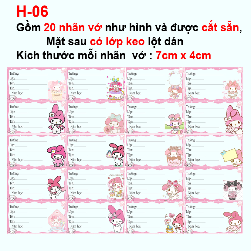 Nhãn vở My Melody - Nhãn dán My melody (1 set 20 nhãn vở khác nhau)