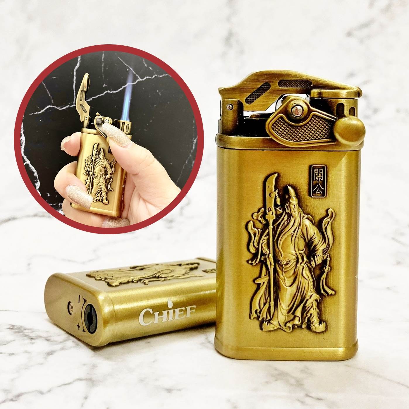 BẬT LỬA KHÈ CHIEF BÚNG TAY  KHẮC NỔI HÌNH QUAN CÔNG  - (XÀI GAS)