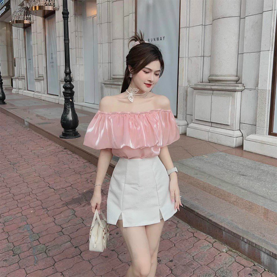 Sét áo voan trễ vai kèm quần đùi giả váy siêu xinh phù hợp đi chơi đi tiệc