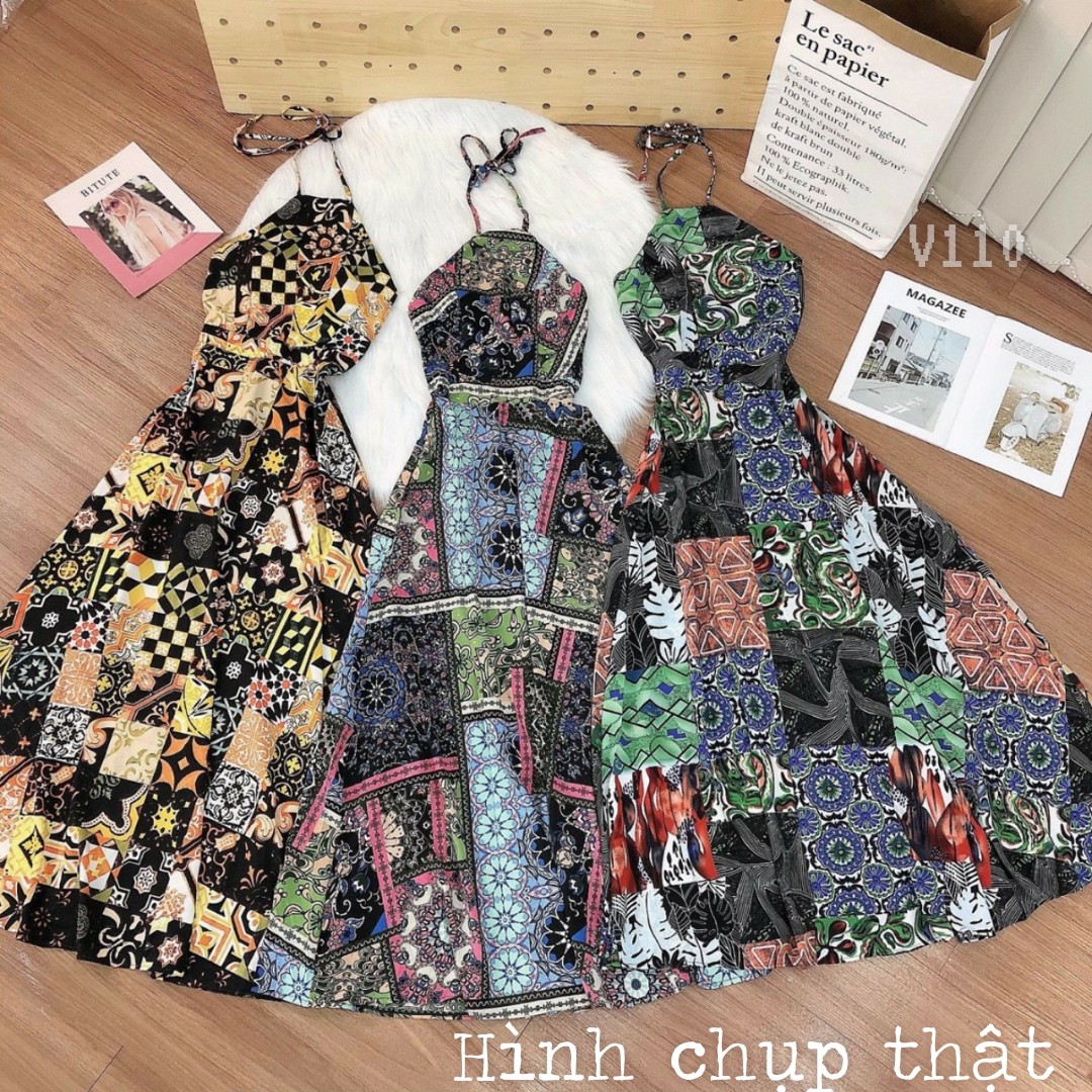 Maxi cổ yếm hở lưng thổ cẩm-ZU