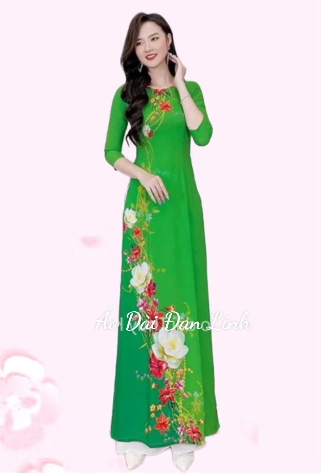 Áo dài in 3D màu xanh lá đẹp lạ mắt , đồng phục áo dài xinh - Xưởng may áo dài Đan Linh
