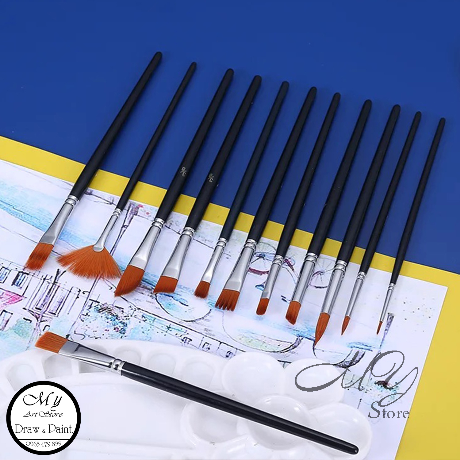 Bộ cọ vẽ Acrylic. Sơn dầu nhiều đầu (12 cây)