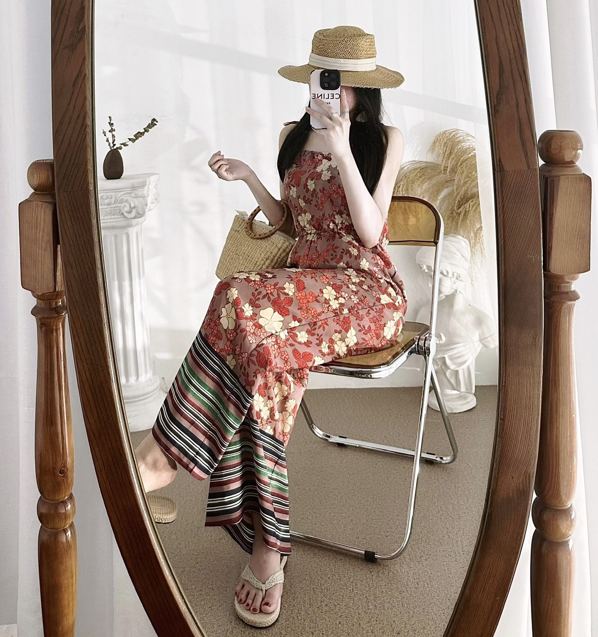 Jumpsuit 2 dây lụa họa tiết