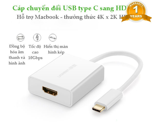 Cáp chuyển USB-C to HDMI hỗ trợ 4K 2K (trắng) Ugreen 40273