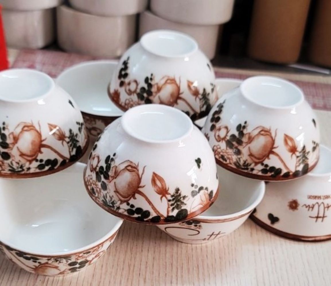 Bộ 6 chén, 10 chén sứ cotton havest season - họa tiết hoa hải đường - chén ăn cơm tráng men cao cấp