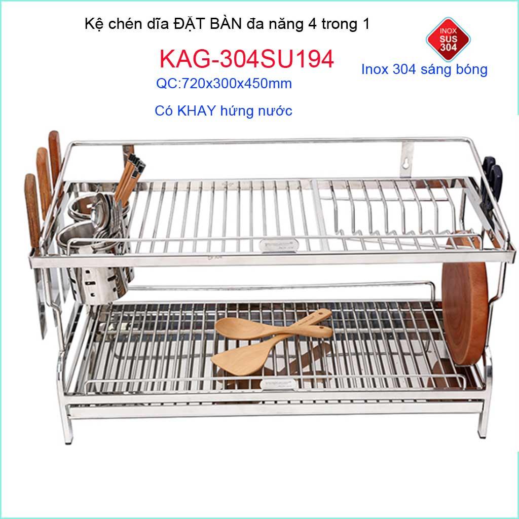 [HCM]Kệ chén bát đặt bàn Tovashu KAG-304SU194-72cm Kệ chén dĩa đa năng ( ống đũa-máng dao + khay hứng nước) Inox hộp SUS304 Nhật Bản cao cấp