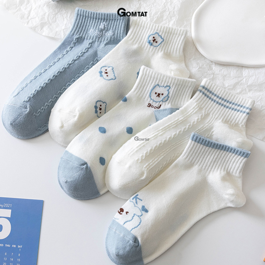 Set 5 đôi vớ cổ thấp nữ GOMTAT hoạ tiết dễ thương, chất liệu cotton dày dặn êm ái, ôm chân không bó chặt - CB089