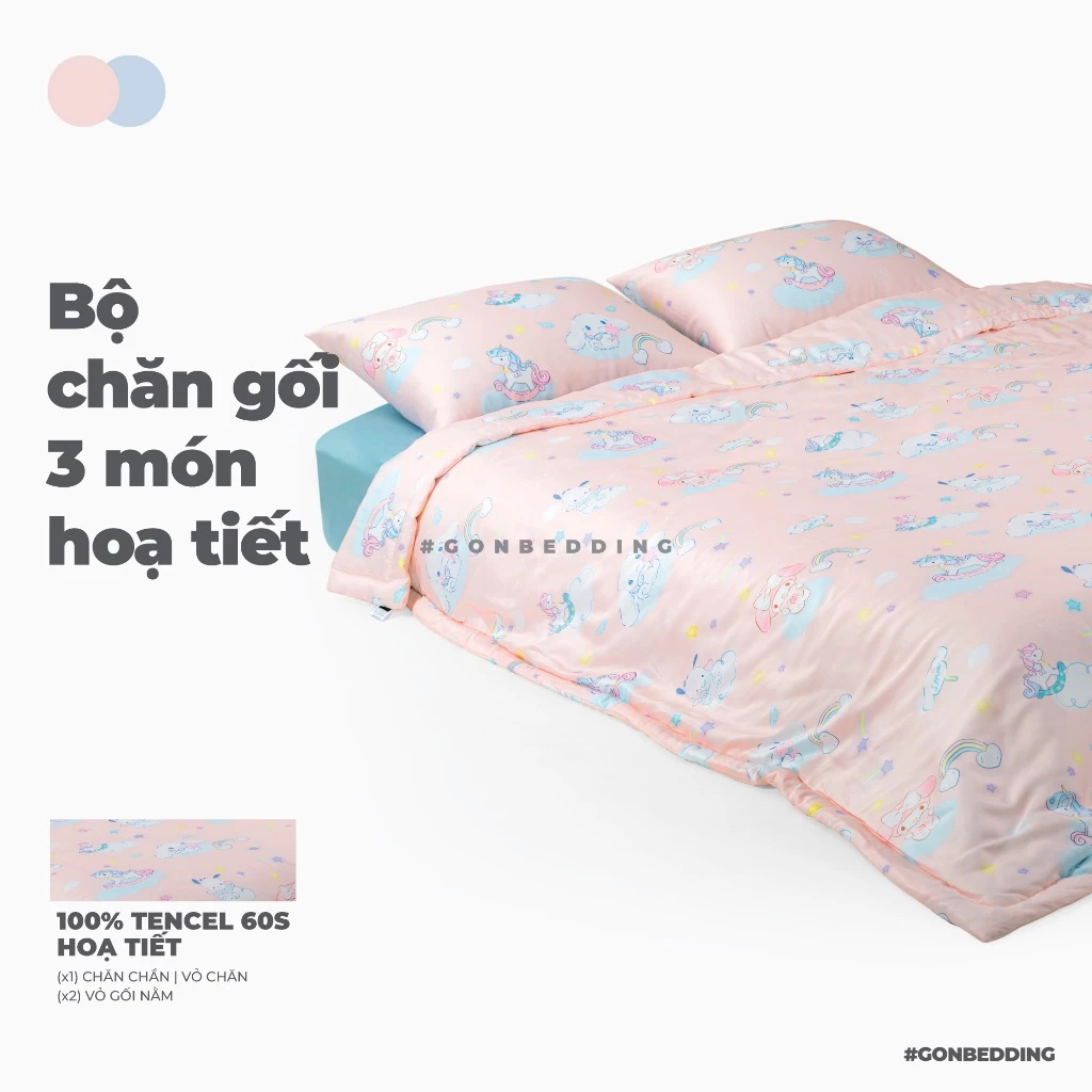 Bộ Chăn Gối 3 Món Gòn Bedding Lụa Tencel 60s - Lụa Modal cao cấp Hoạ tiết (gồm 1 Chăn chần và 2 Vỏ gối nằm)