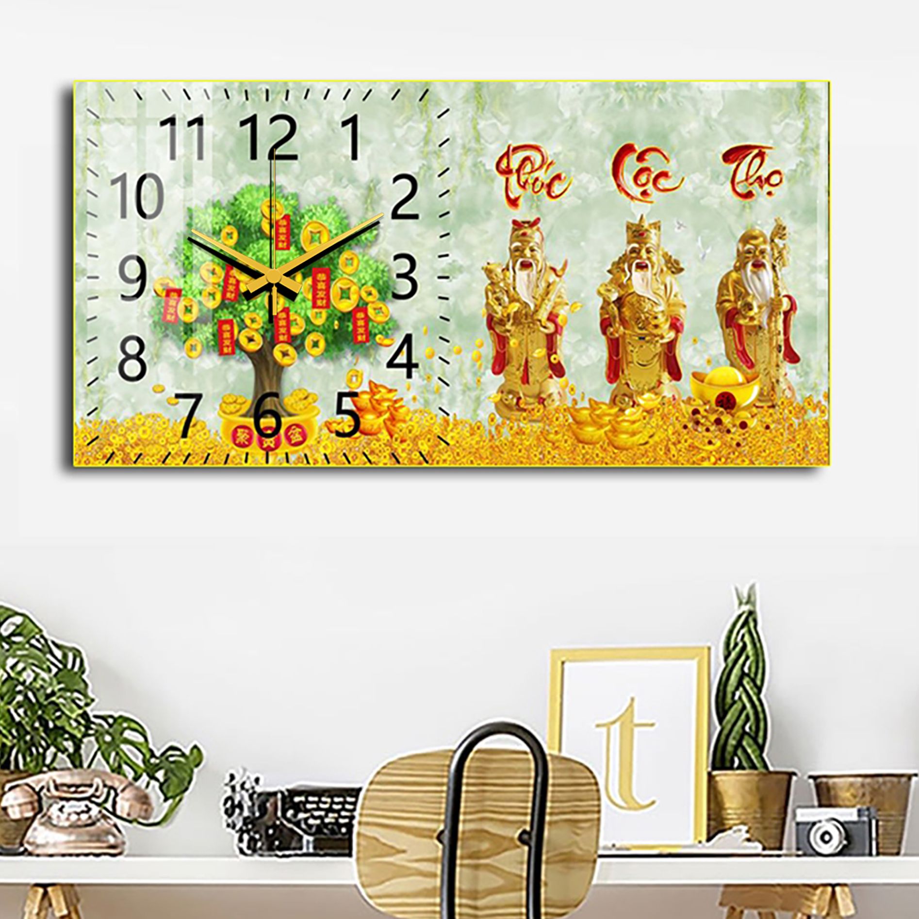 Đồng hồ tráng gương 5D, mẫu Phúc Lộc Thọ, mang đầy đủ ý nghĩa phong thủy, giá xưởng, tặng pin, tặng phụ kiện treo.