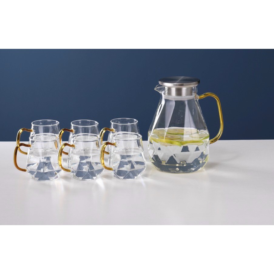 [Gía Sỉ] Bộ 1 Bình 6 Cốc Ly Thủy Tinh Chịu Nhiệt Pha Trà Nước Lọc Detox Dáng Kim Cương Pha Lê Sang Trọng Cao Cấp Giá Rẻ