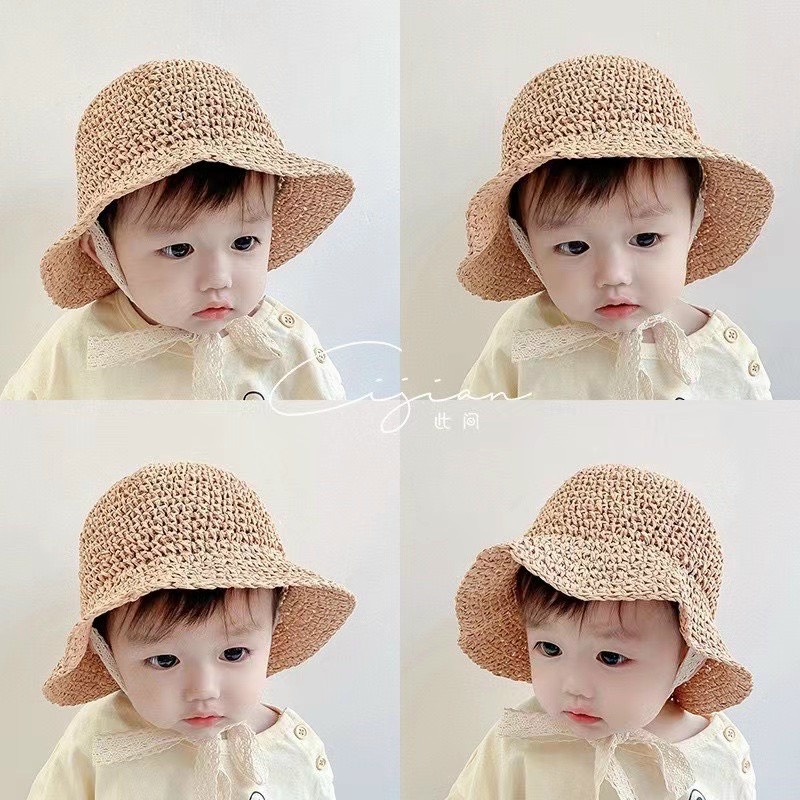 Mũ Sợi Cói Vành Ren Tiểu Thư Cho Bé