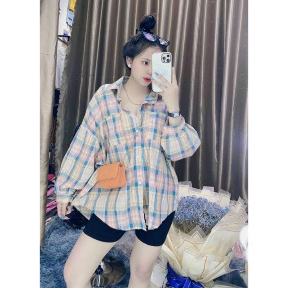 Áo sơ mi kẻ sọc caro dài tay dành cho nữ, chất vải dày dặn chuẩn form rộng ullzzang cá tính