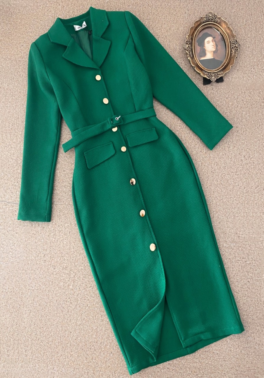 CATI Đầm midi dạ cổ vest - kèm belt 4 màu (1547)