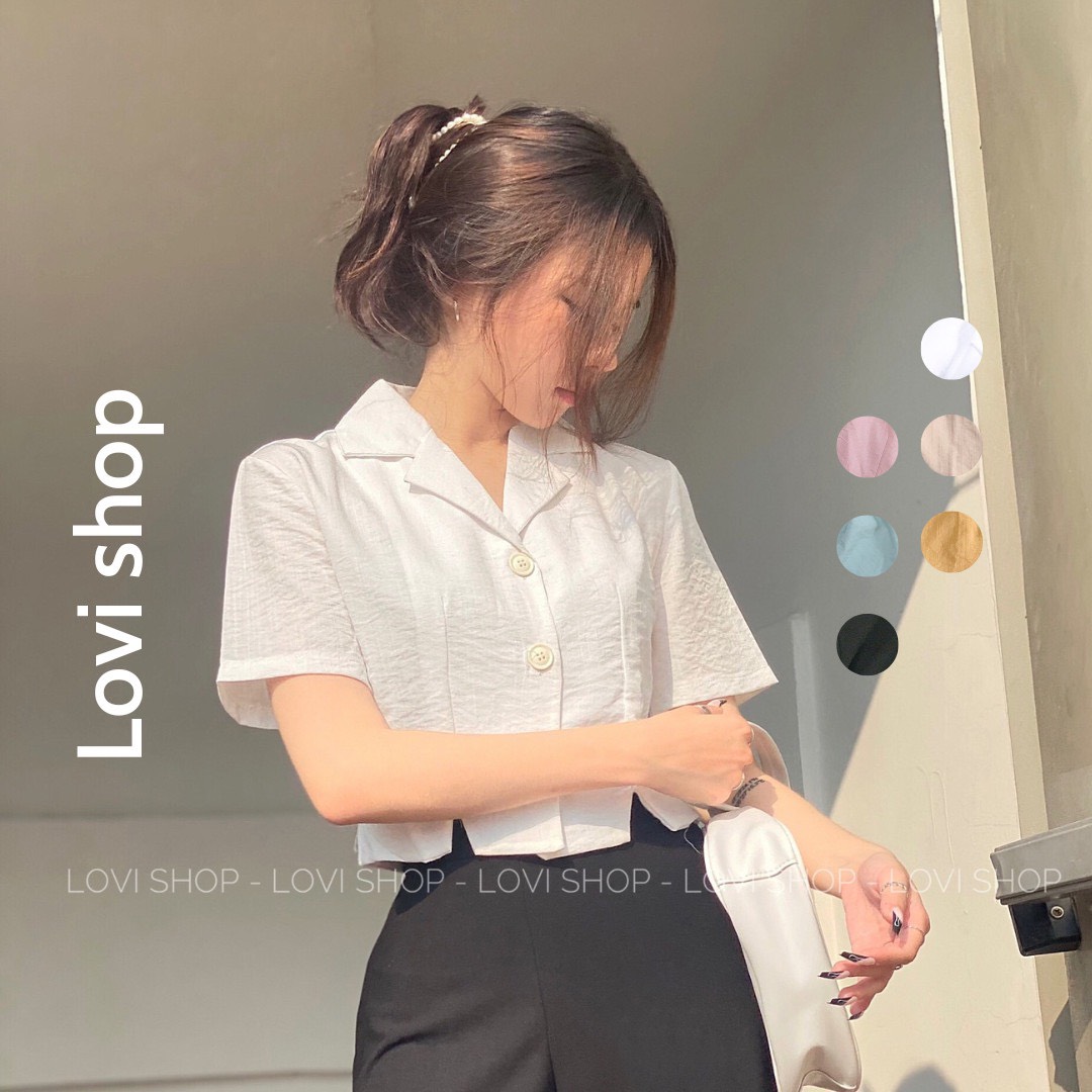 LOVI SHOP- Áo sơ mi croptop cổ vest tay ngắn basic