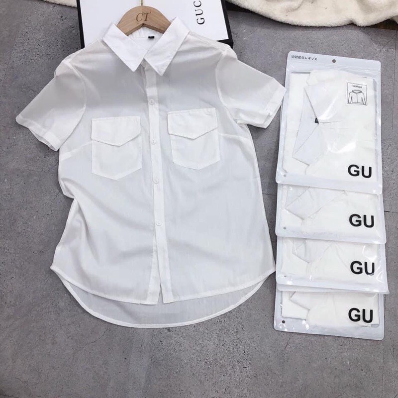Áo sơ mi trắng cộc tay túi Gu