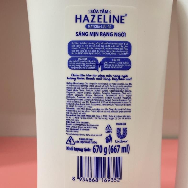 [HCM]Sữa Tắm Dưỡng Sáng Da Hazeline Matcha Lựu Đỏ (700g)