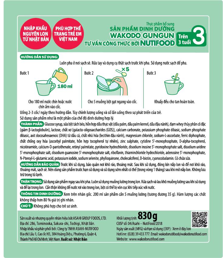 Sữa Bột WAKODO Gungun số 3 (từ 3 tuổi) - lon 830g