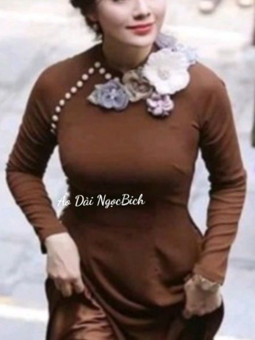 Áo dài màu nâu .áo dài đi chùa kết hoa sang trọng .vải Lụa chifon -Áo Dài Ngọc Bích