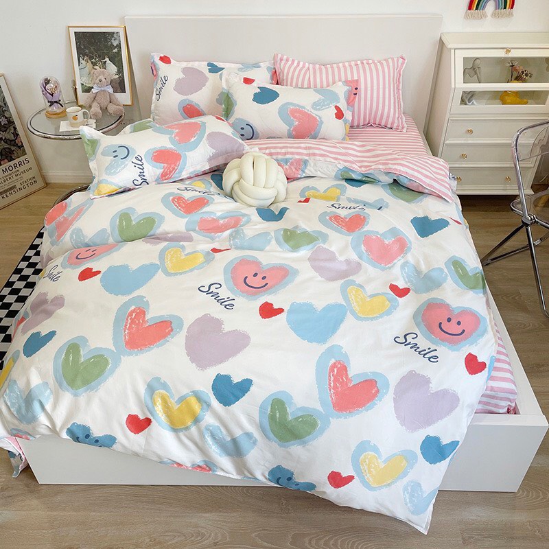 Bộ chăn ga gối cotton poly - Mẫu tim smile