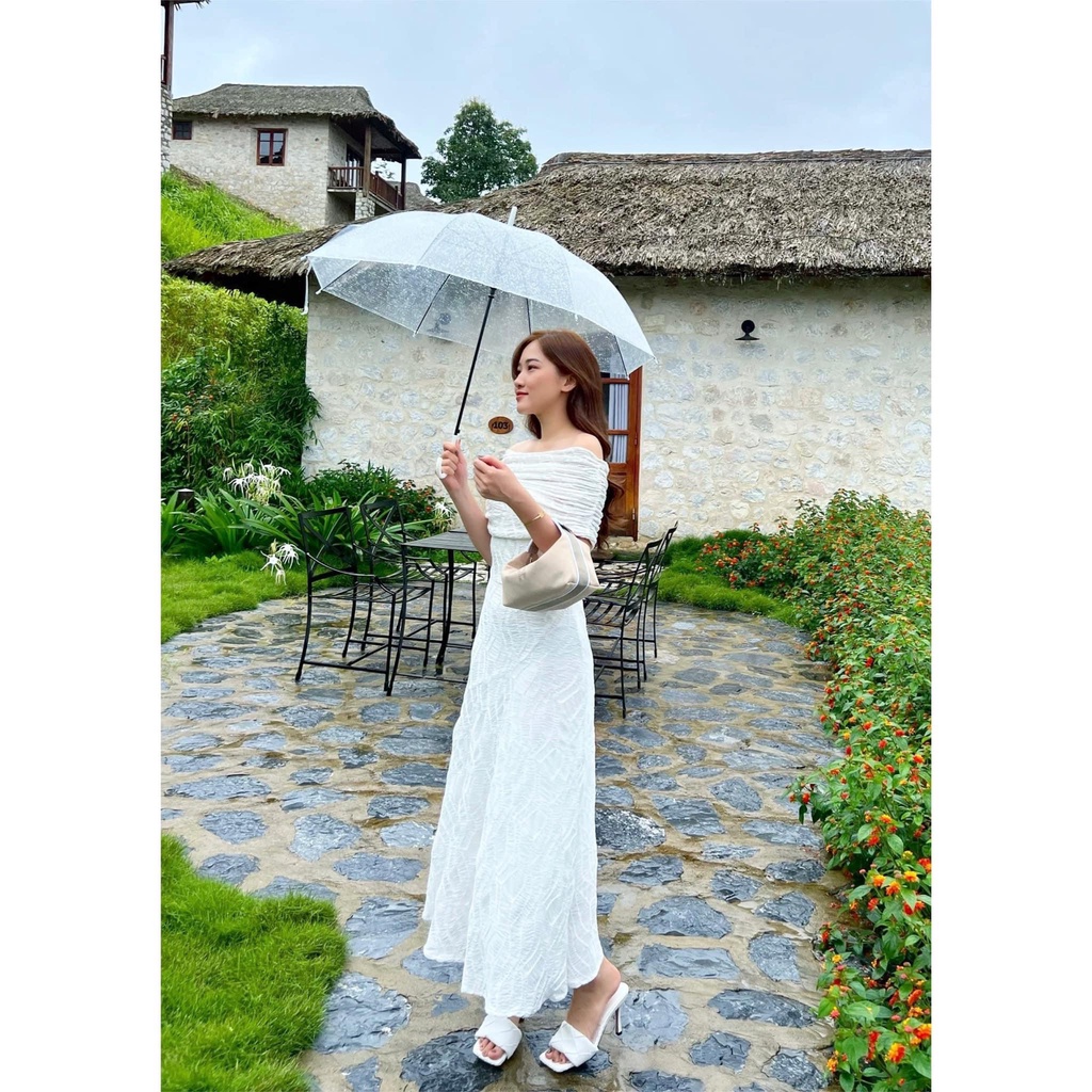 Đầm maxi thun xốp ren đuôi cá trễ vai 159