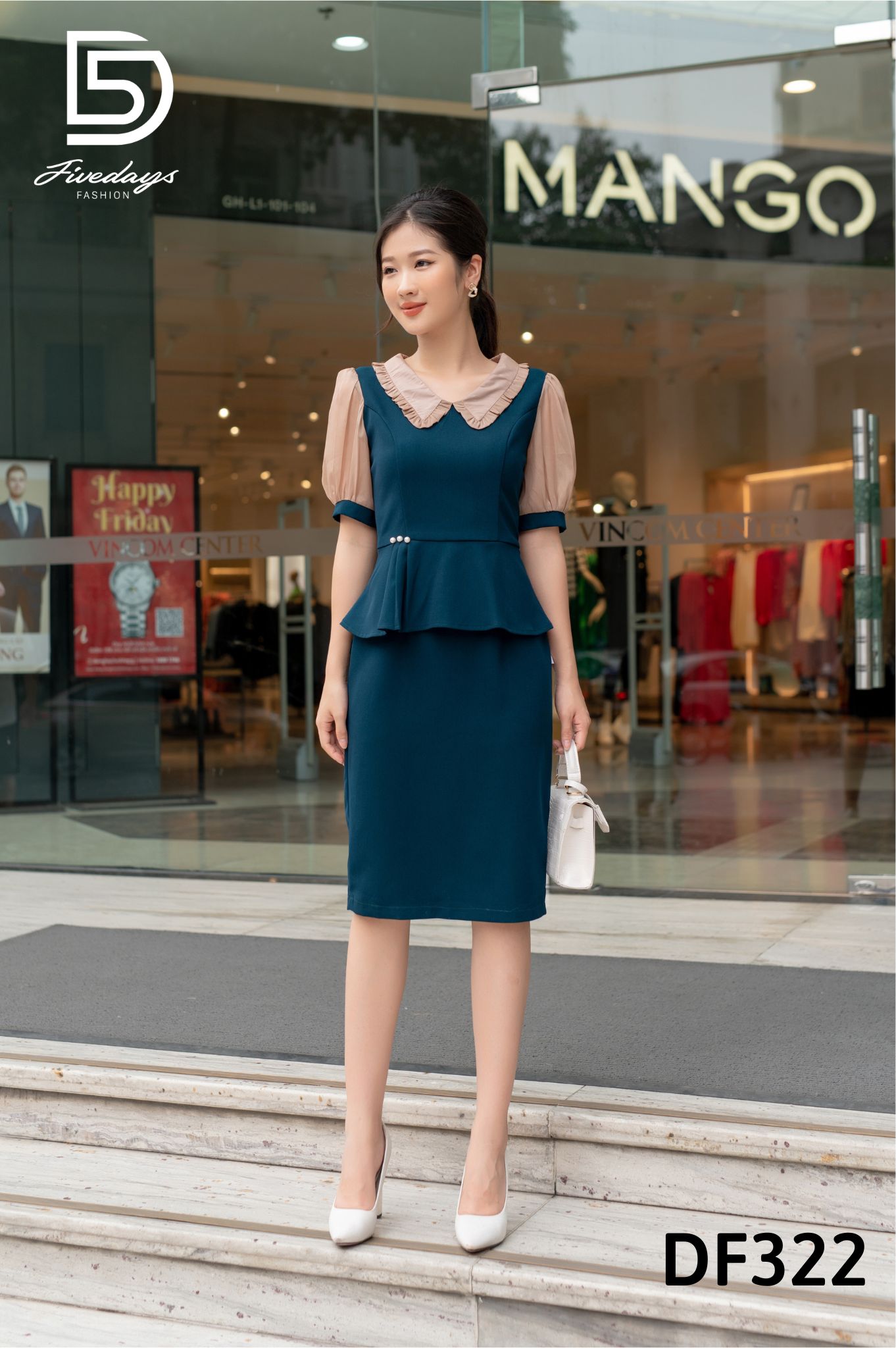 Fivedays - Đầm Peplum cổ sen bèo đính cúc ngọc eo