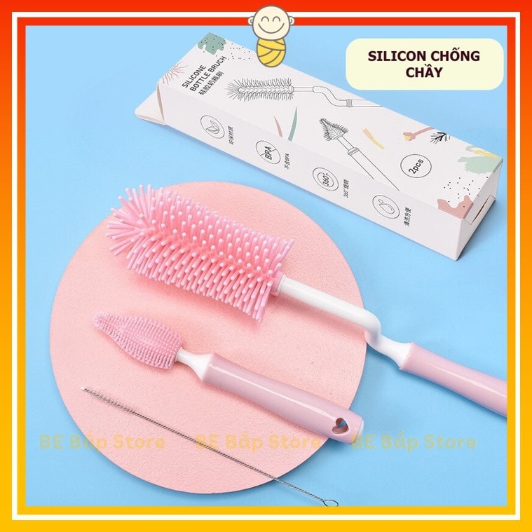 Bộ Cọ Rửa Bình Sữa Silicon cao cấp 3 Chi Tiết (xoay 360 độ)