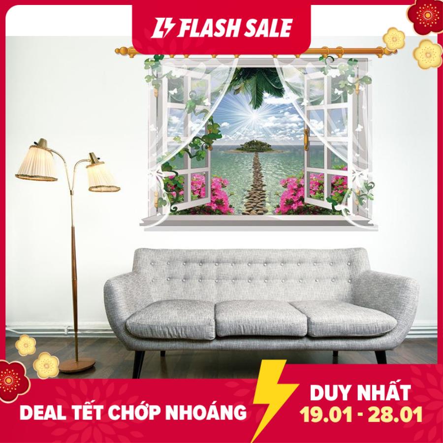 Decal dán tường nguyên miếng cửa sổ hoa đào có rèm SK9020F decal nguyên miếng