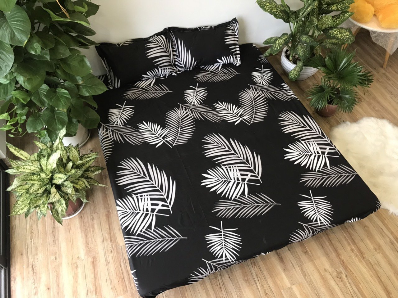Bộ ga gối cotton poly 3 món họa tiết mẫu lá trắng nền đen Bà Béo  Kho chăn ga gối, ga giường, drap giường
