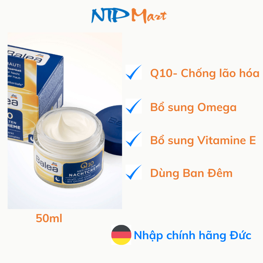 Kem dưỡng da dưỡng ẩm BAN ĐÊM chống lão hóa Q10 Balea nhập khẩu từ Đức, dung tích 50ml