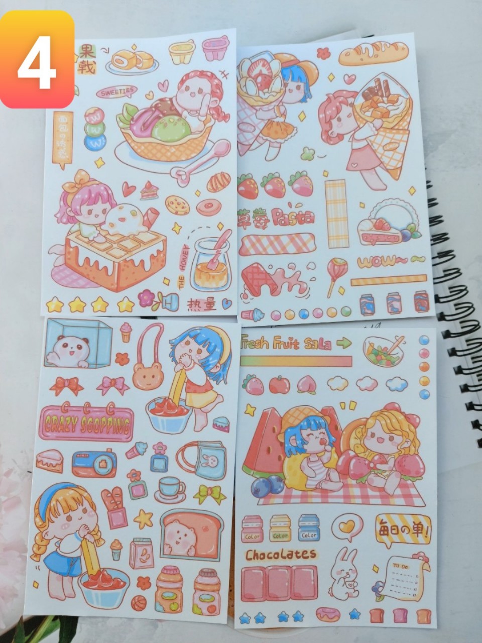 SET 4 Tấm sticker chibi dán hoạt hình khổ A6 , Chưa cắt