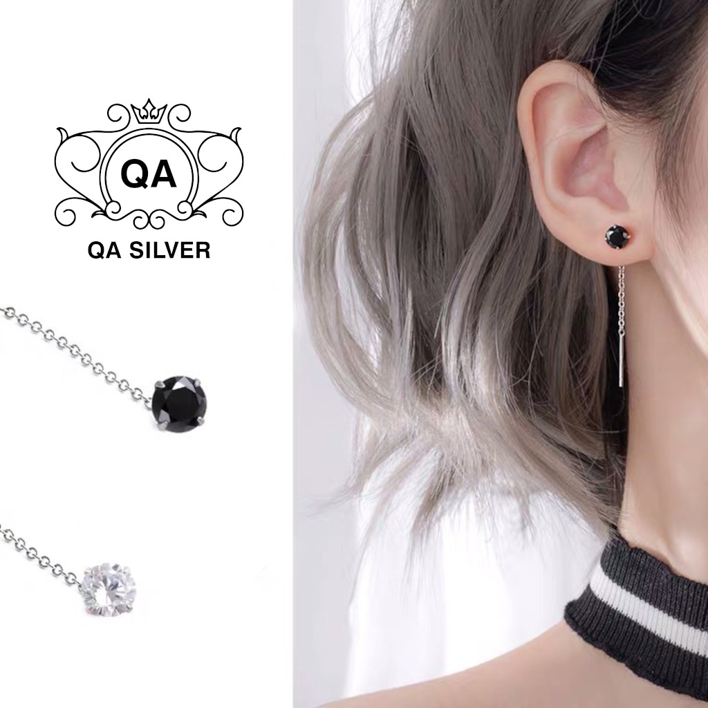 Khuyên tai bạc 925 dáng dài nụ đính đá đen trắng bông nữ S925 CHAIN QA SILVER Earrings EA250503