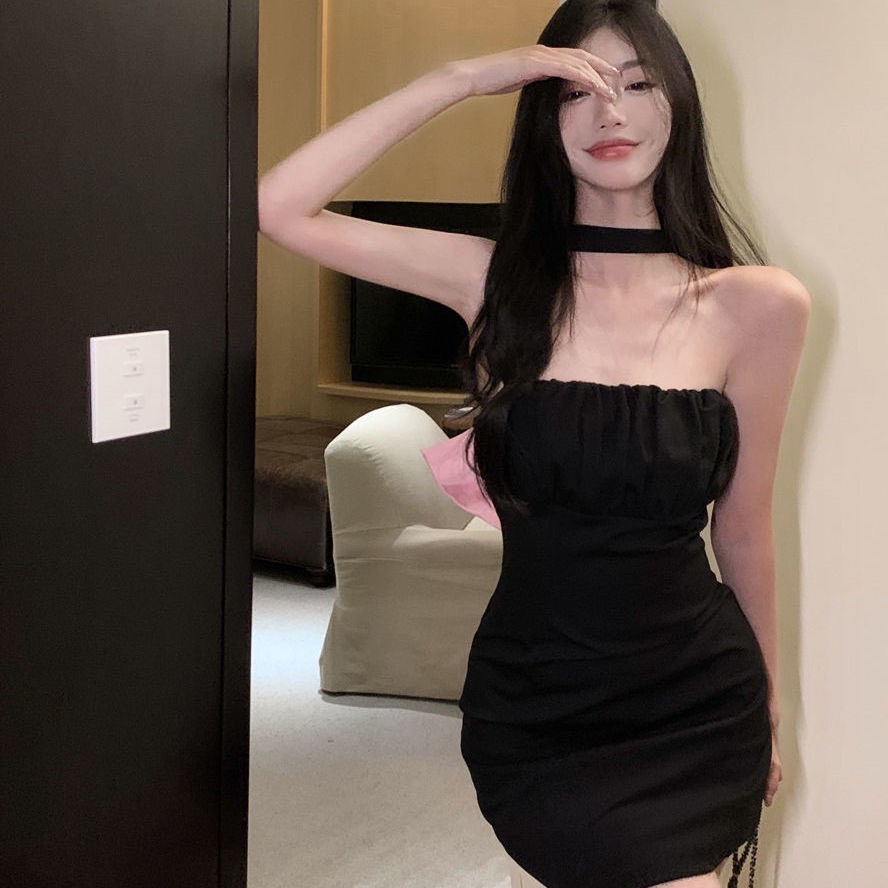 Đầm ôm kiểu dây chòng cổ phối nơ lưng chất thun borip