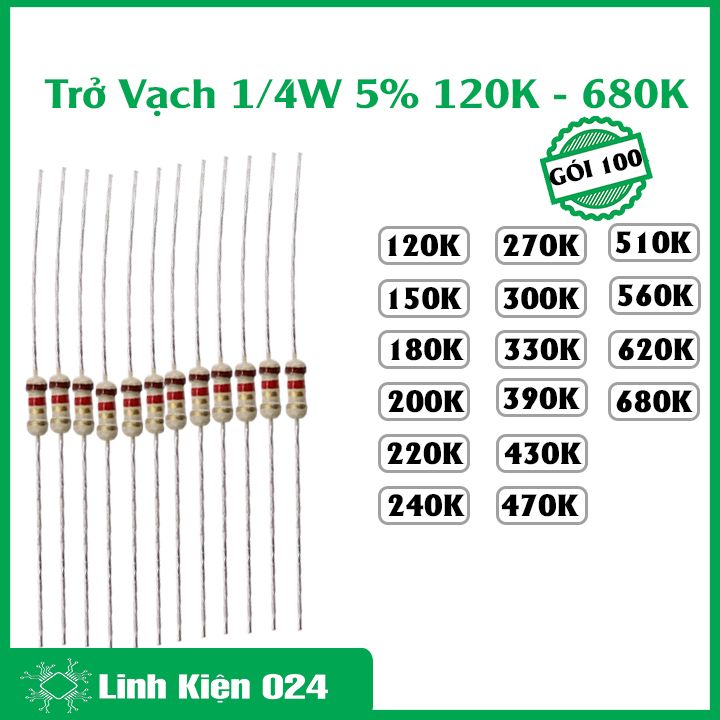 Gói 100 con trở vạch 1/4w 5% giá trị điện trở từ 120k-680k
