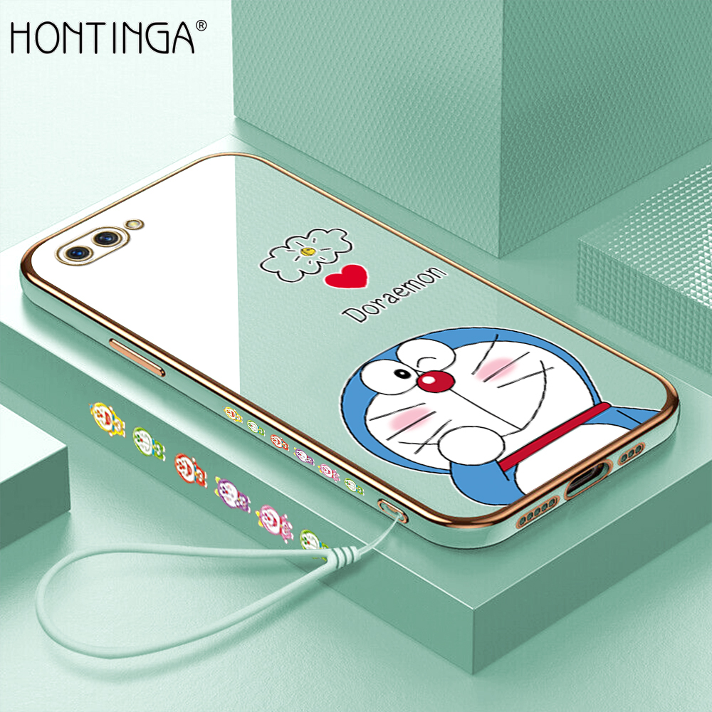 Hontinga Casing Case For OPPO A3S A12e Realme C1 Case Fashion Cartoon Anime Doraemon Luxury Chrome Plated Soft TPU Square Phone Case Full Cover Camera Protection Anti Gores Rubber Cases For Girls