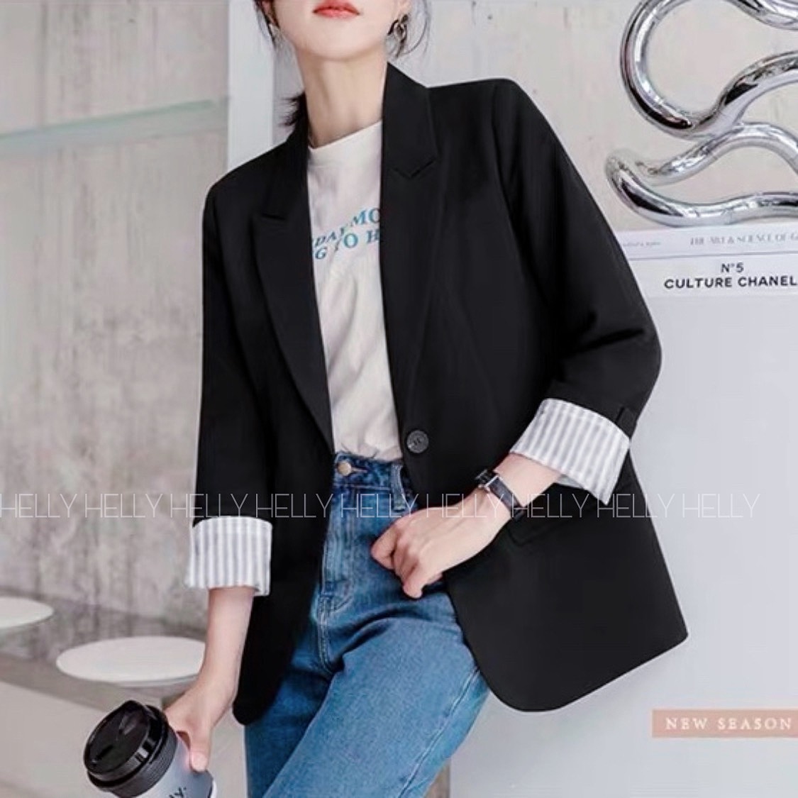 BLAZER 2 LỚP NUDE SỌC | ĐEN SỌC | HELLY SHOP