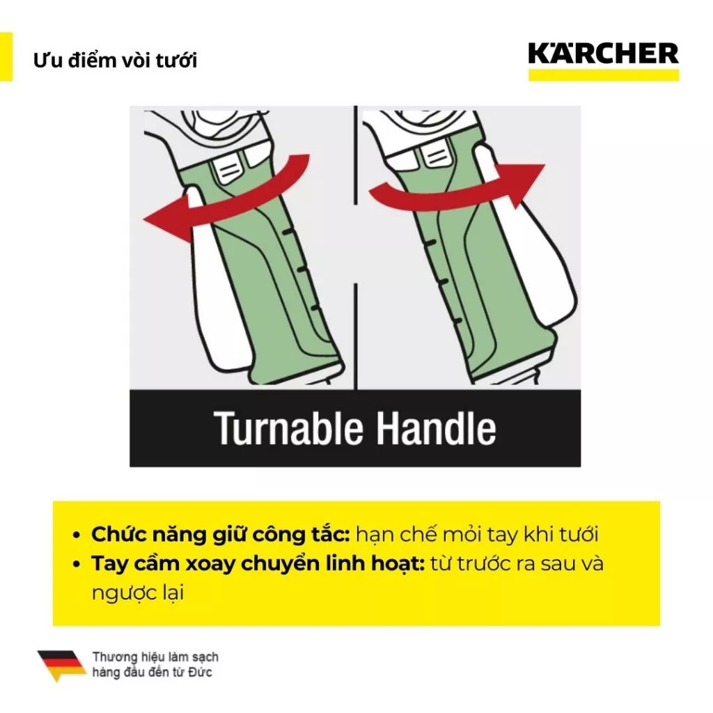 Vòi tưới cây Karcher Plus, 2 kiểu phun tia thẳng và phun hình nón, điều chỉnh lượng phun tưới, có khóa tay cầm