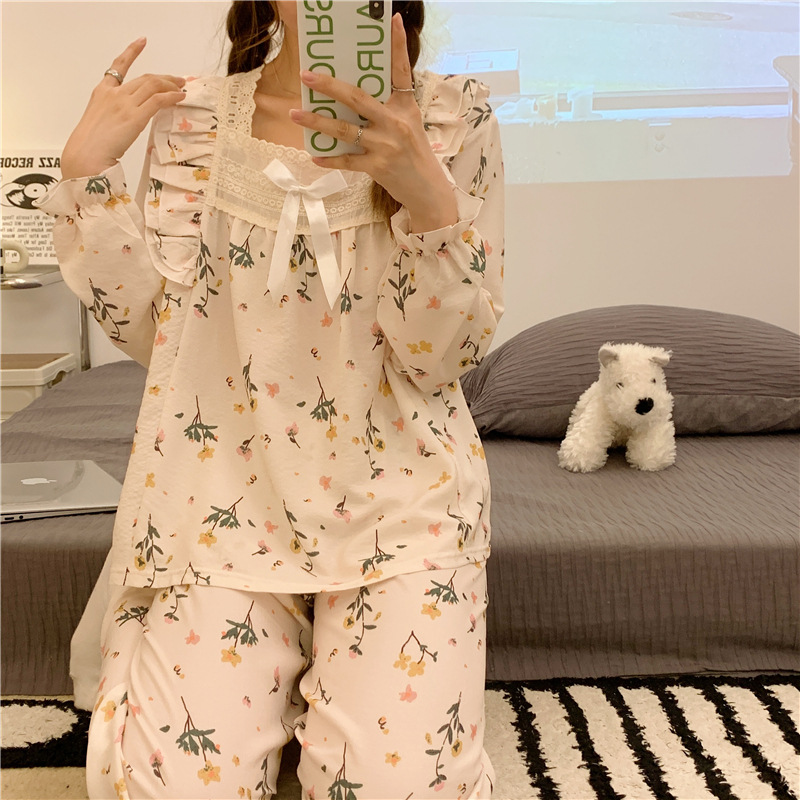 🌸🌸Bộ đồ ngủ Pyjama mềm mại cổ vuông ren đính nơ🌸🌸