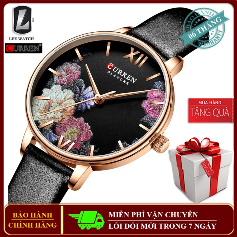Đồng hồ đeo tay nữ Curren 9060 dây da, họa tiết mặt được thiết kế tinh xảo các loài hoa tặng kèm vòng tay chiếc lá + hộp đựng Lee Watch