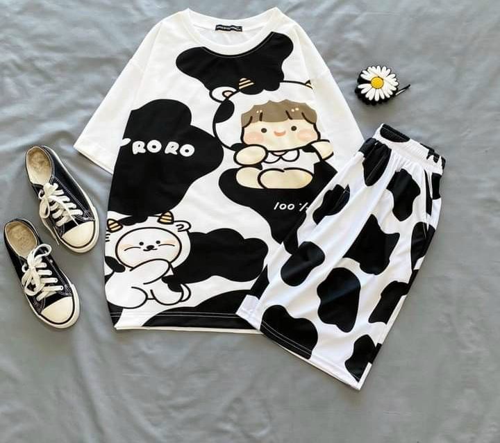 Sét bộ short đùi chú bé bò sữa phối quần loang màu bò sữa cute TTSLA0530