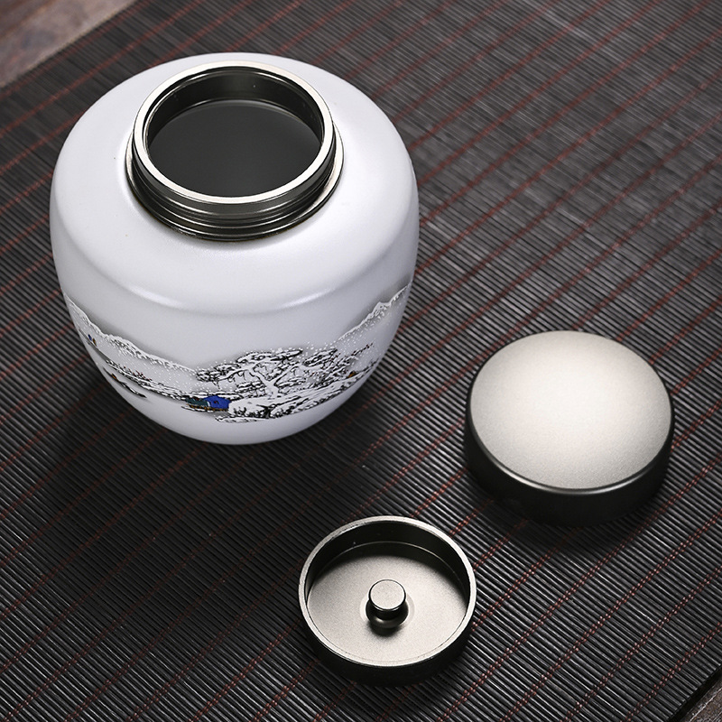 Hũ đựng trà men trắng Đức Hóa ( nắp thiếc 2 lớp )