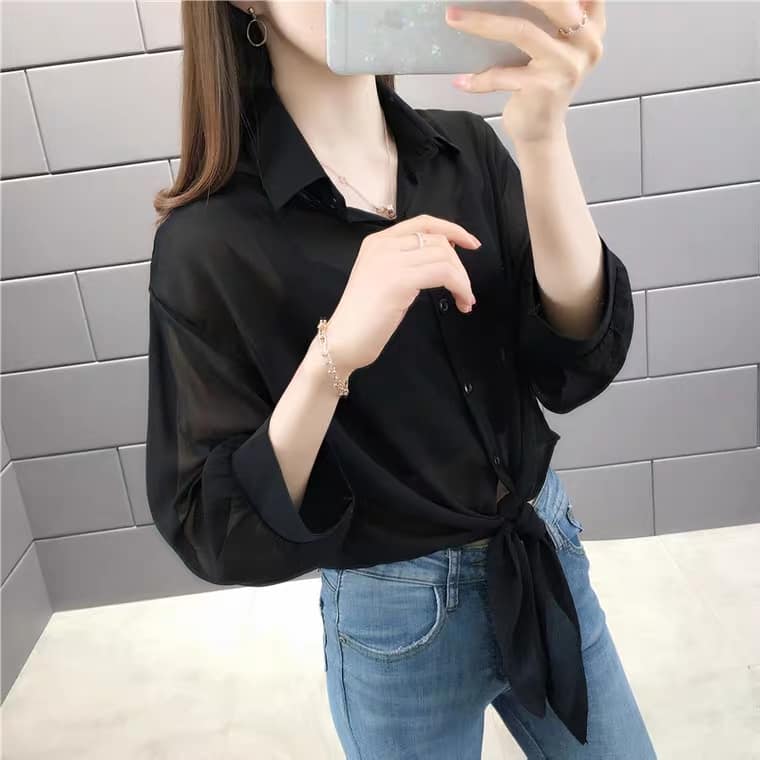 Áo Sơmi Mỏng Cột Dây Trước Bụng Xinh Xắn