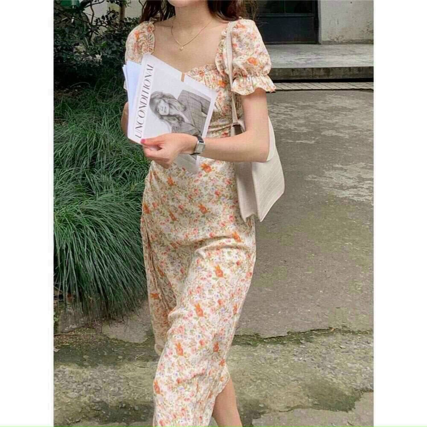 [Voucher 50k Freeship Max 0 đồng toàn quốc] Đầm hoa nhí cổ vuông đầm midi Hàn Quốc xẻ tà đầm tiểu thư nữ tay phồng hoa nhí váy nữ xẻ tà đầm retro nữ hoa mùa hè dễ thương