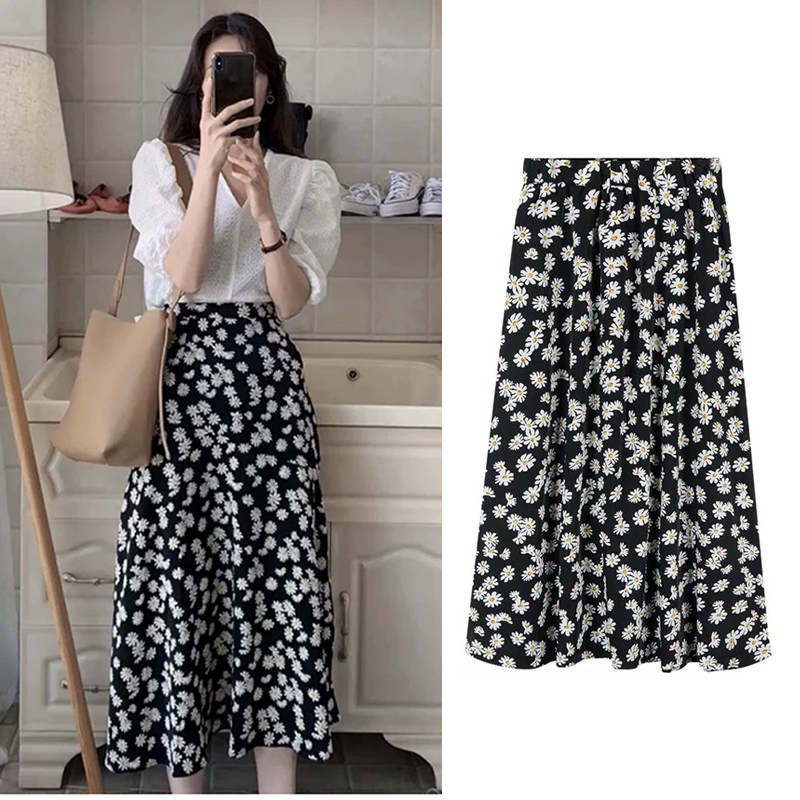 INWPLLR New Summer Women Skirt Daisy Patterned Skirt Fashion High Waist Print Skirt Korea Wear Women Skirts(Mini Skirt+Long Skirt)