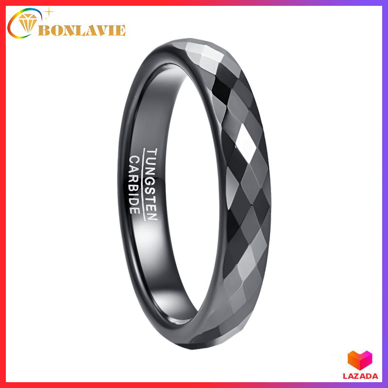 BONLAVIE 4mm 100% Real Tungsten Carbide Ring Black Polished Finish Rhombic Cut Wedding Ring Comfort Fit Tungsten Steel Ring