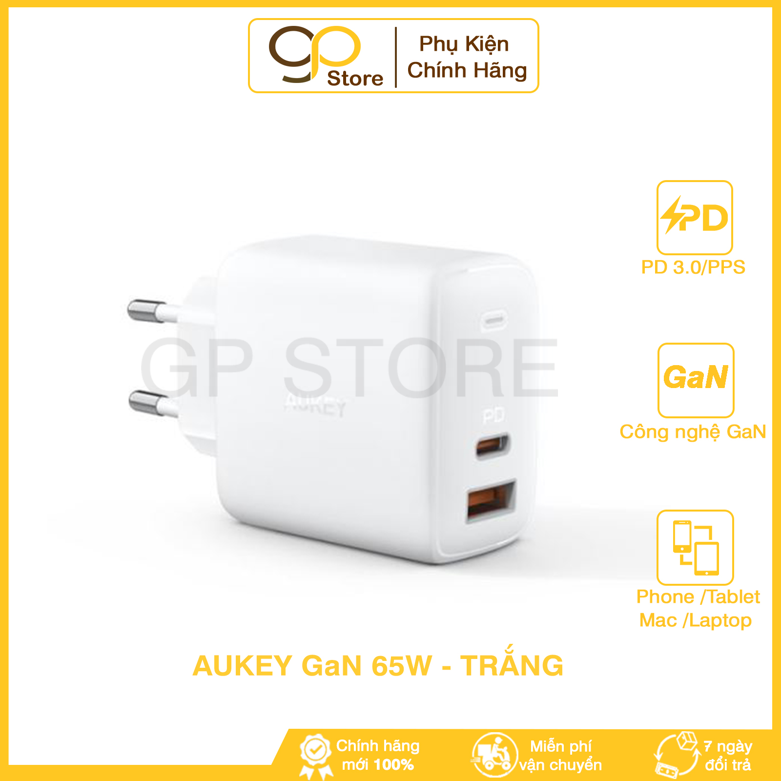 Củ sạc 2 cổng aukey 65w omnia gan pa-b3, sạc nhanh pd 3.0 cho laptop và samsung pps chính hãng | bảo hành 12 tháng
