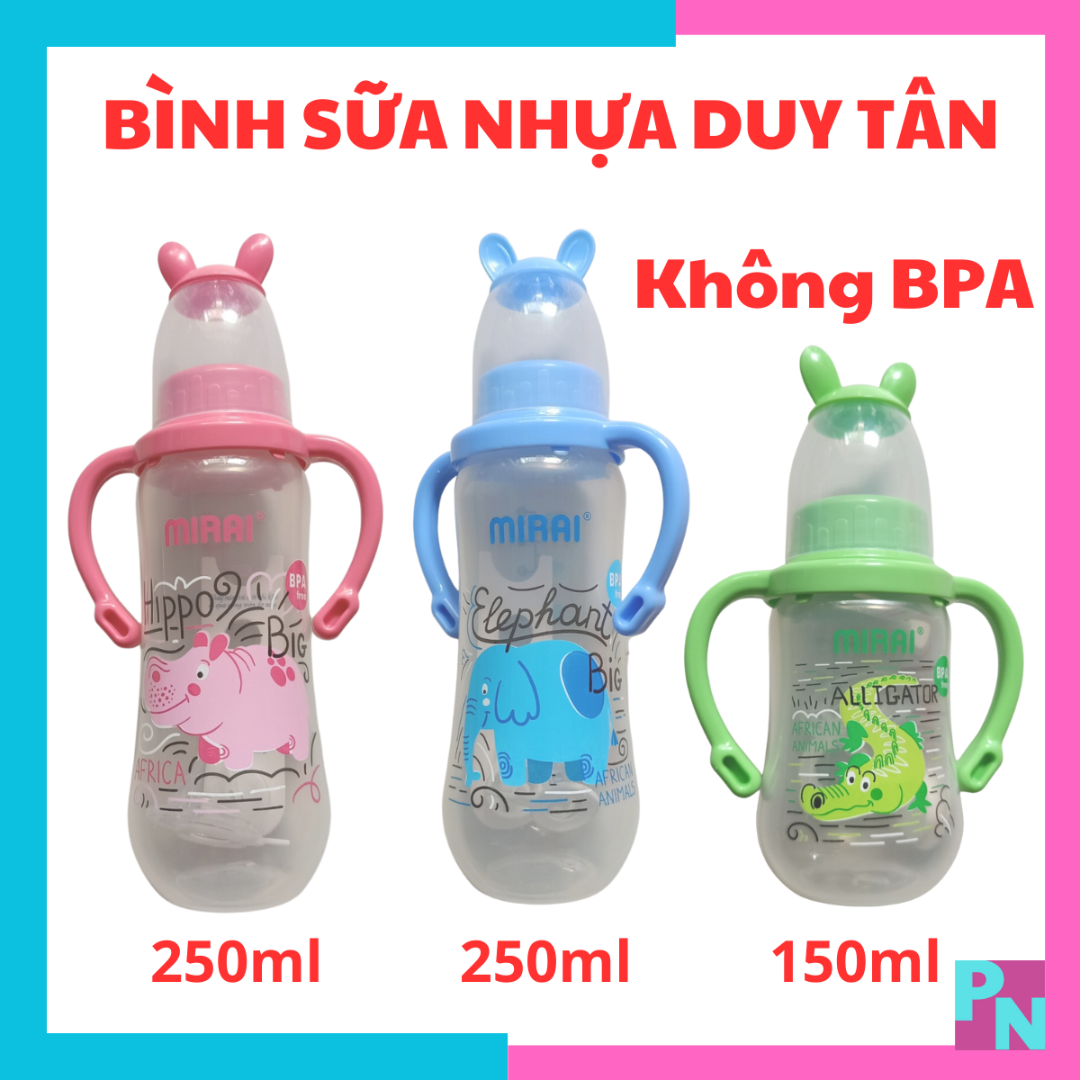 Bình sữa cho bé bình sữa Mirai có tay cầm bình sữa nhựa Duy Tân kèm van chống sặc núm vú siêu mềm không BPA Tặng van chống sặc